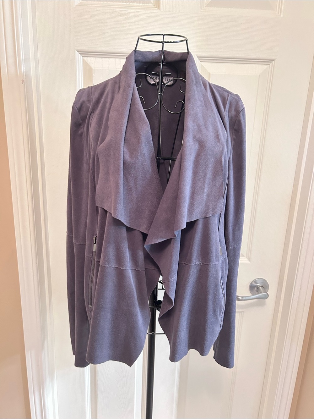 Drape Front Open Jacket in Dusty Grey.